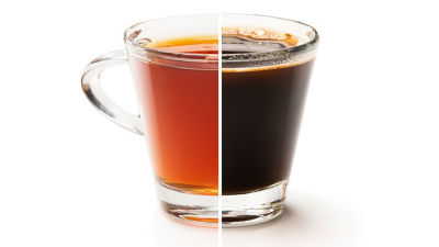 Tasse avec la moitié de thé et la moitié de café
