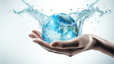 Illustration, hand holding globe in water splash