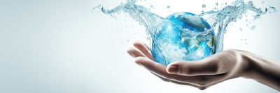 Hand holding globe, water splash