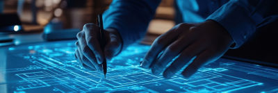 Hand holding pen, blueprint