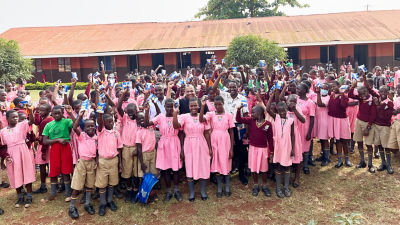 Happy children with school milk