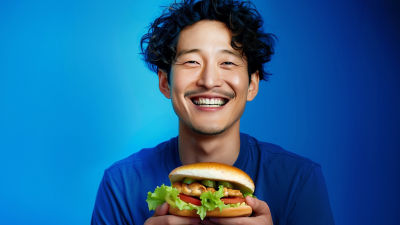 Smiling man with burger