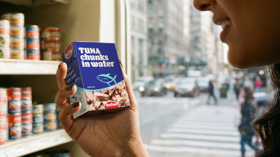 Holding Tetra Recart carton with tuna