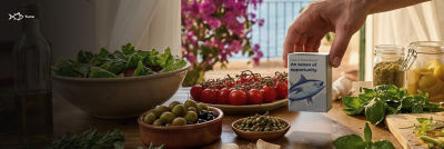 Tuna in Tetra Recart carton and fresh mediterranean food