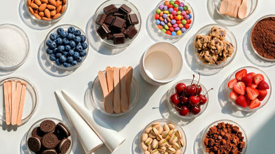 Assorted ice cream toppings viewed from above