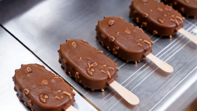 Chocolate-coated ice cream bars on industrial production line