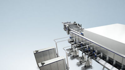 Industrial ice cream production line overview showing automated processing equipment