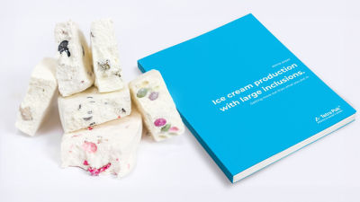 Ice cream with large inclusions and a booklet