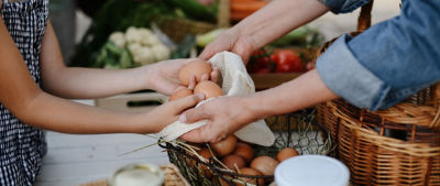 organic eggs in a bag at local market