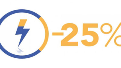 25% のとなりの円の中の稲妻、白い背景