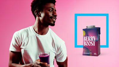 Man with protein drink in glass, Tetra Brik Aseptic carton