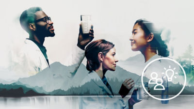 Man, two women, blue icons, mountain background