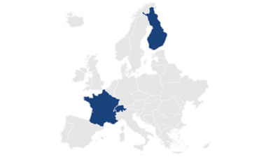 Map of Europe, highlighting France, Switzerland and Finland