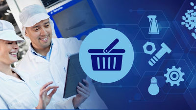 shopping basket illustration and two people