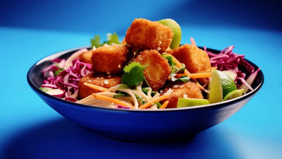 Plant-based food in bowl, noodles and vegetables