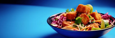 Plant-based food, vegetables and noodles on plate