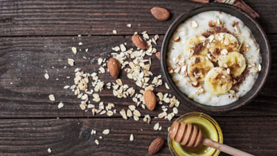 Oats, nuts and bananas for breakfast