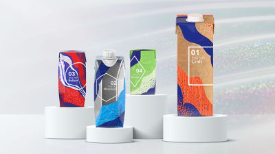 Packages standing on podiums