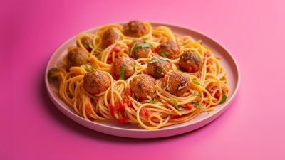 Plant-based meat balls and spaghetti on plate