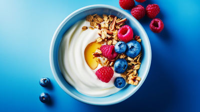 Plant-based yoghurt with granola and berries