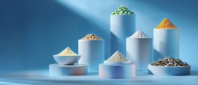 Ingredients, powder, beans, and seeds on podiums