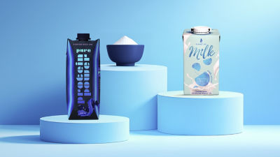 Powder and cartons on podiums