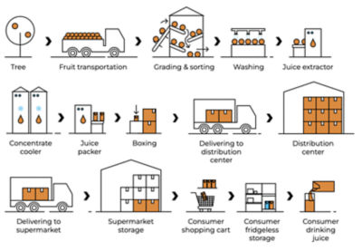 Flowchart showing the juice production, packaging and distribution process