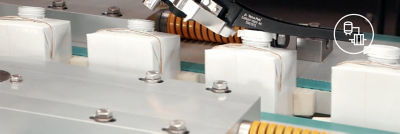 Production line with white packages white smart production icon