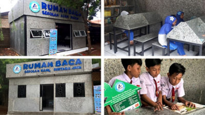 Rumah baca yang menggunakan material hasil daur ulang polietilen dan aluminium 