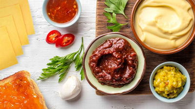 Sauces, mayonnaise, garlic, parsley and chili from above
