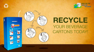 Recycle used beverage cartons (UBCs) with these simple steps - “Rinse, Flip, Flap, Flatten”.