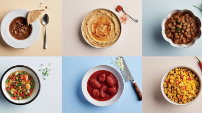 six plates with food