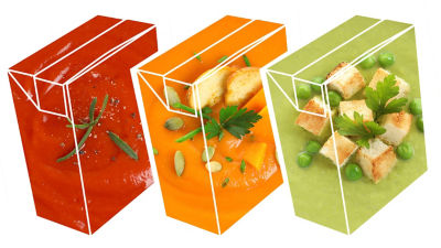 Soups in transparent cartons