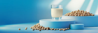 Soya beverage in glass and soya beans