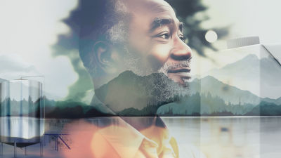 Illustration: man, mountains and carton package