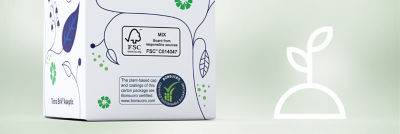 Tetra Brik Aseptic carton package with FSC logo, plant illustration icon