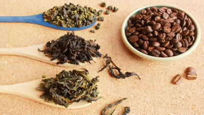 Tea leaves and coffee beans.