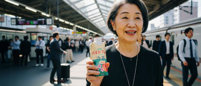 a woman holding a tea package