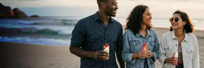 three people laughing on the beach
