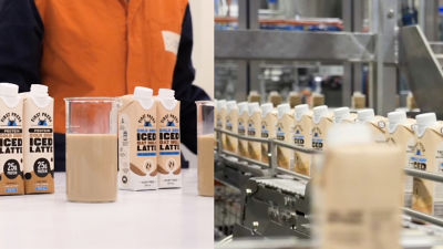 Iced latte in Tetra Prisma Aseptic cartons and distribution line with cartons