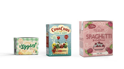 showing three sizes of  tetra recart package portfolio for baby food