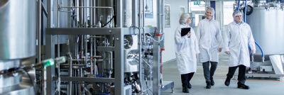 People walking in Tetra Pak production discussing self stablilising simplicity.