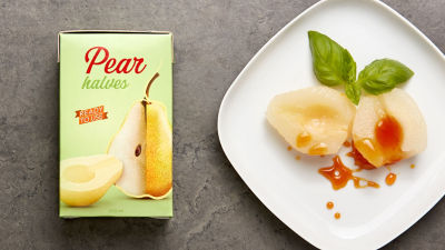 Pears in Tetra Recart package and on plate