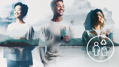 Three people, packages, blue icons