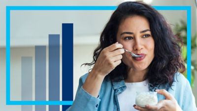 Woman eating cottage cheese, graphs in the background