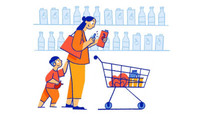 Illustration: mother and child grocery shopping