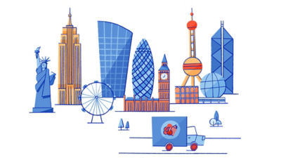 Illustration: well known landmarks and grocery truck