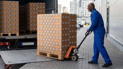 Man with hand truck loading Tetra Recart packages into truck