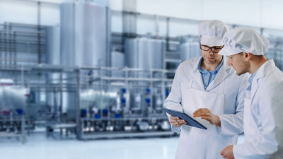 two factory workers looking at screen