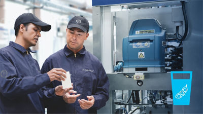 Two men inspecting a carton, icon soy beverage